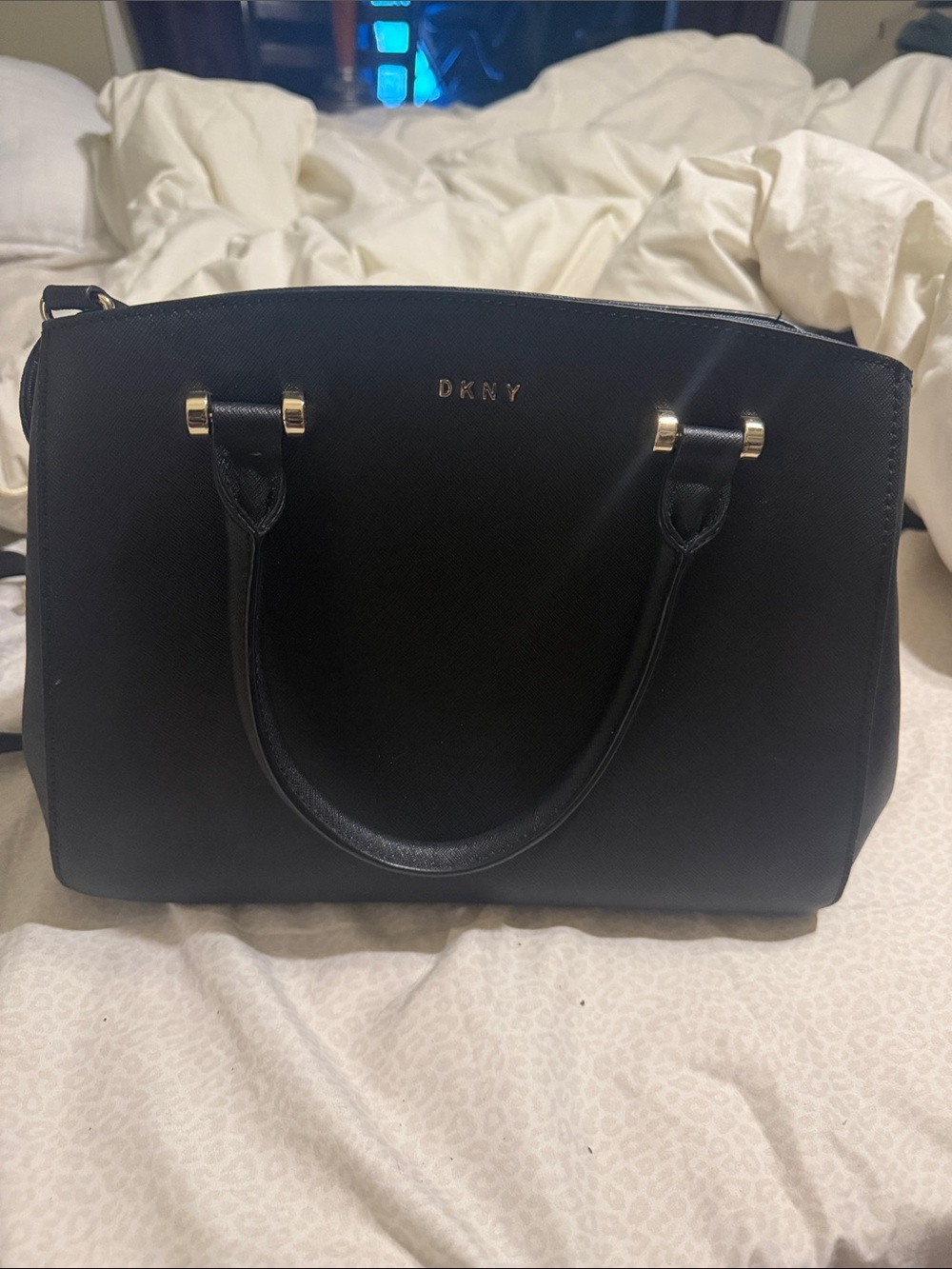 DKNY Black Leather Dome Satchel with Gold Hardware